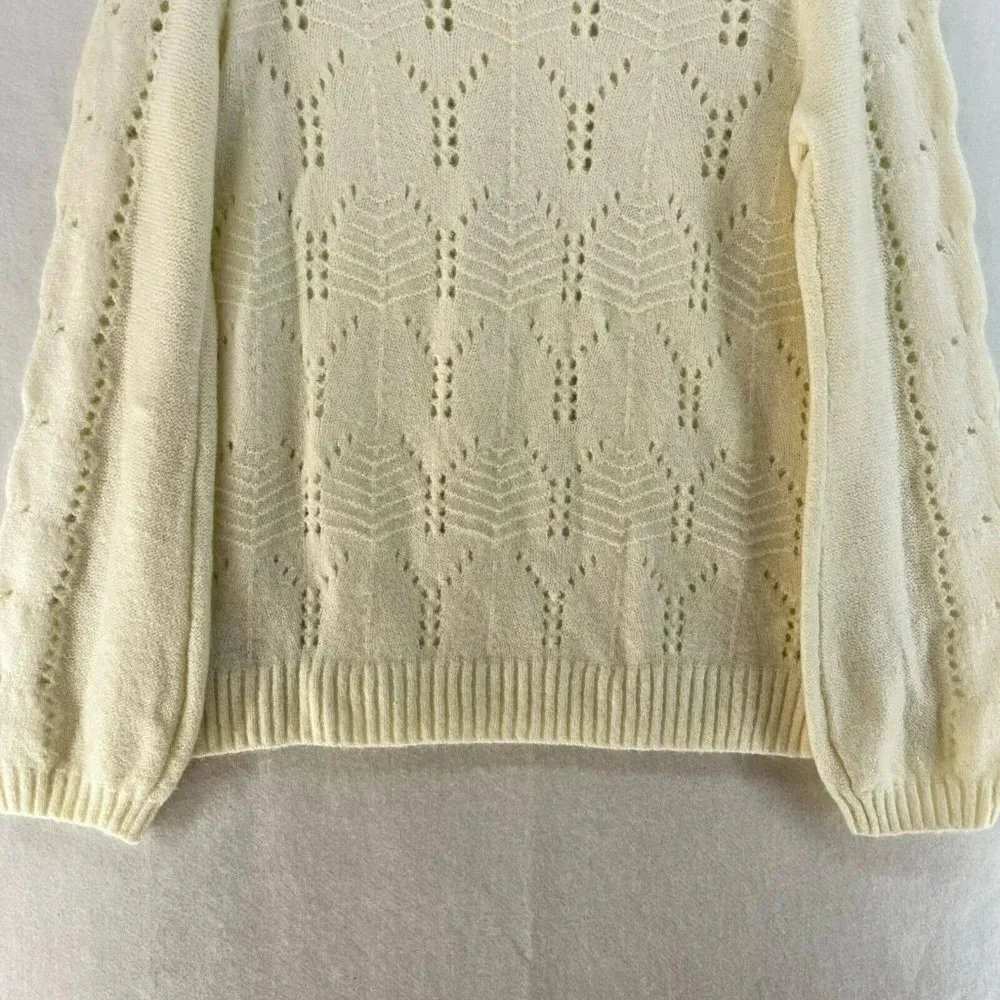 GAP Sweater Women's S Beige Cable-Knit Pointelle Crew Neck Ribbed Balloon Sleeve - Picture 10 of 13